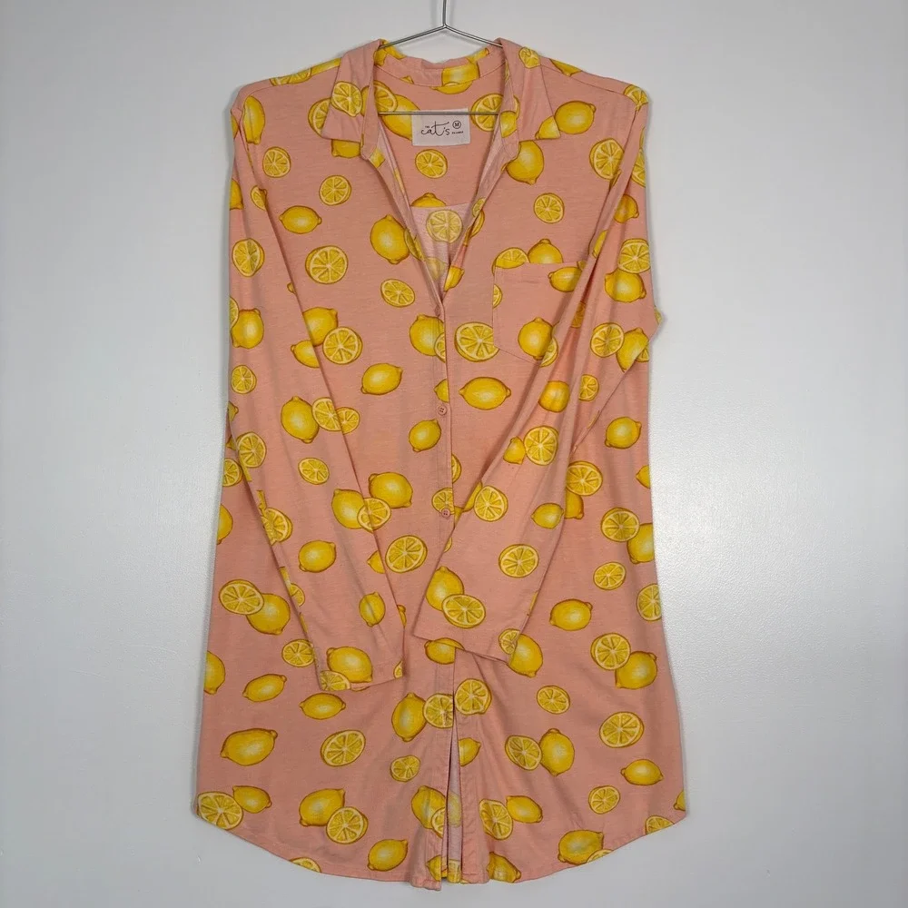 The Cat's Pajamas‎ Women Nightshirt Size M Pink Lemon Print Pima Cotton Modal